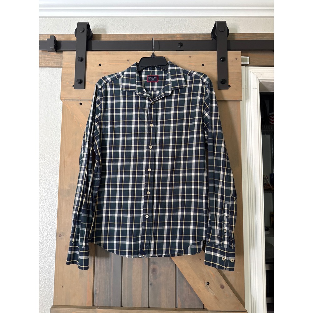 UNTUCKit Trebbianno Slim Fit Plaid Button Down Shirt Mens Medium Green Navy